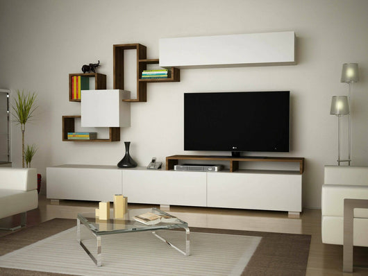 Parete attrezzata Acquifero, Composizione soggiorno, Mobile salotto multiuso, Armadio porta TV, 210x37h47 cm, Bianco e Noce