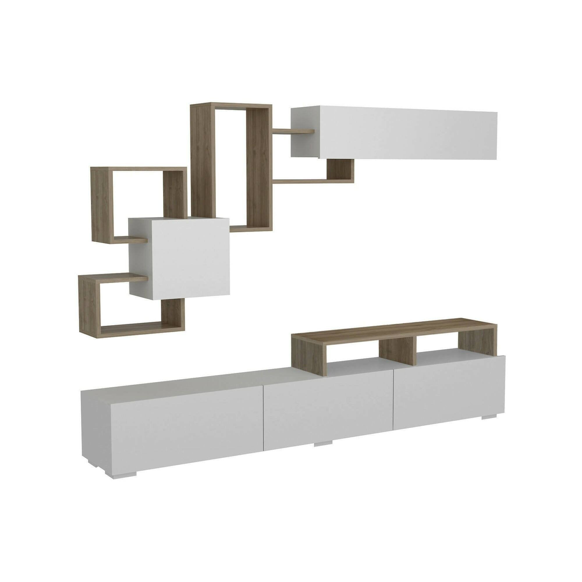 Parete attrezzata Acquifero, Composizione soggiorno, Mobile salotto multiuso, Armadio porta TV, 210x37h47 cm, Bianco e Noce