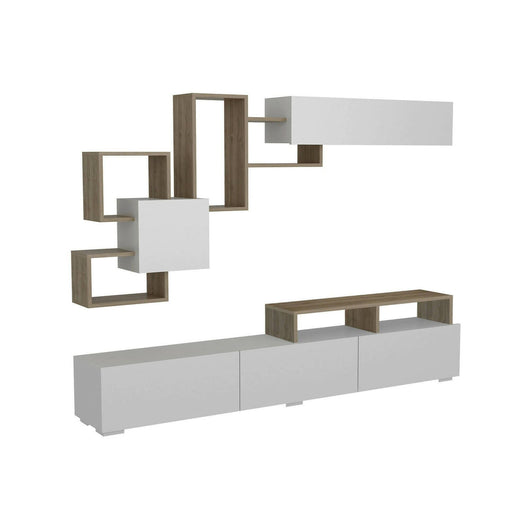 Parete attrezzata Acquifero, Composizione soggiorno, Mobile salotto multiuso, Armadio porta TV, 210x37h47 cm, Bianco e Noce