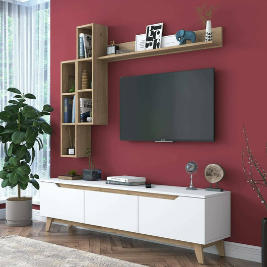 Parete attrezzata Atax, Composizione soggiorno, Mobile salotto multiuso, Armadio porta TV, 180x35h49 cm, Bianco e Rovere