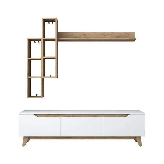 Parete attrezzata Atax, Composizione soggiorno, Mobile salotto multiuso, Armadio porta TV, 180x35h49 cm, Bianco e Rovere