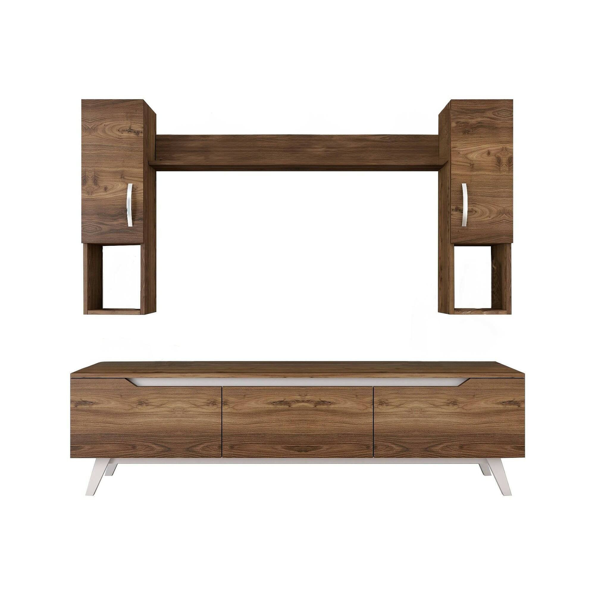 Parete attrezzata Tucano, Composizione soggiorno, Mobile salotto multiuso, Armadio porta TV, 180x35h49 cm, Noce e Bianco