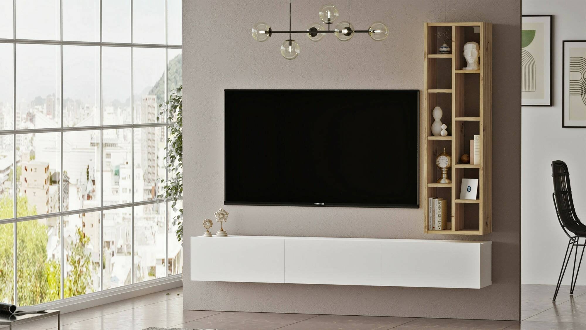 Mobile porta TV Giusi, Credenza da soggiorno, Armadio basso per TV, Base parete attrezzata, 175x27h25 cm, Quercia e Bianco
