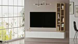 Mobile porta TV Giusi, Credenza da soggiorno, Armadio basso per TV, Base parete attrezzata, 175x27h25 cm, Quercia e Bianco