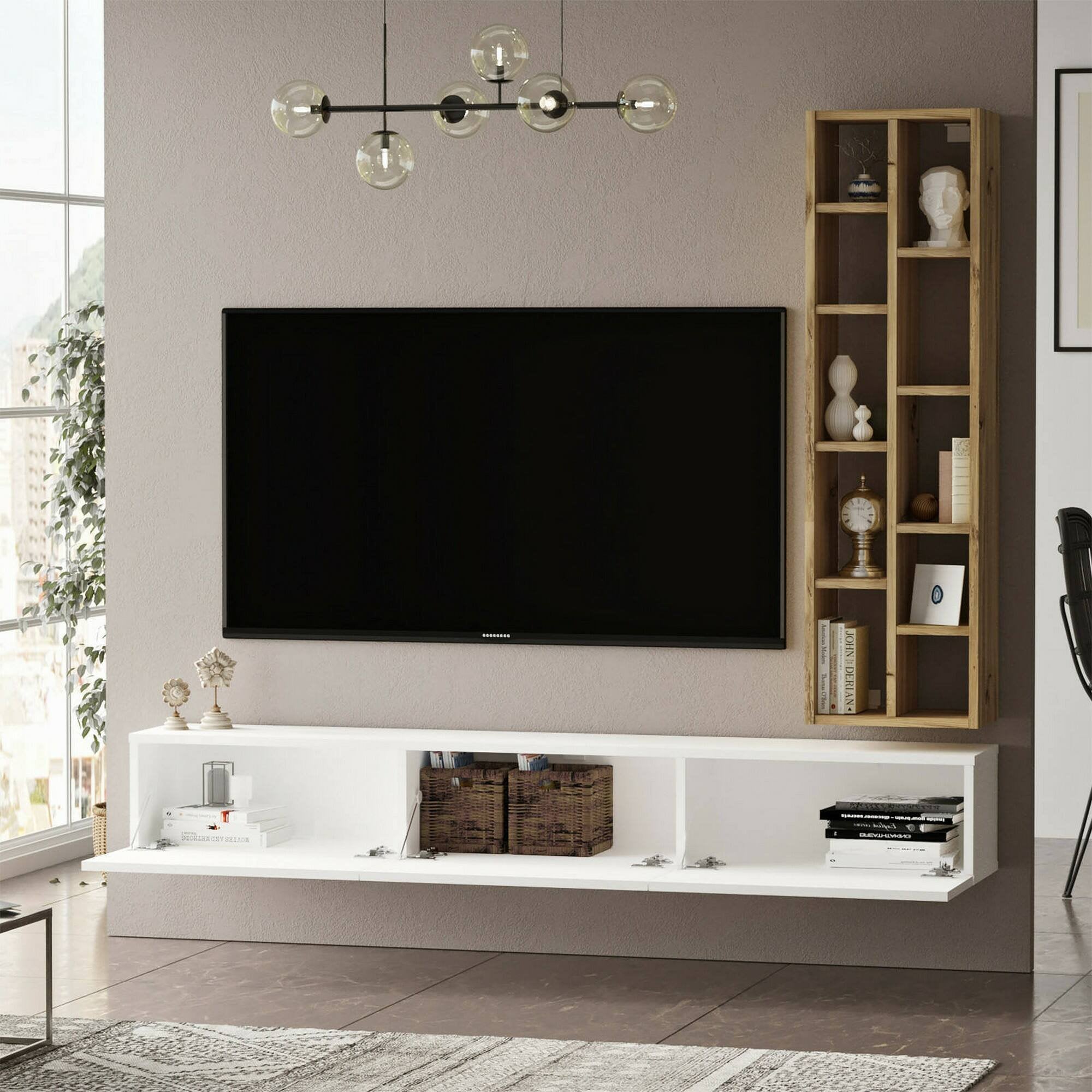 Mobile porta TV Giusi, Credenza da soggiorno, Armadio basso per TV, Base parete attrezzata, 175x27h25 cm, Quercia e Bianco