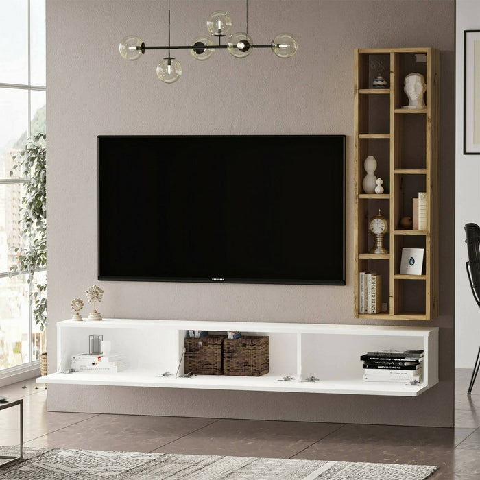 Mobile porta TV Giusi, Credenza da soggiorno, Armadio basso per TV, Base parete attrezzata, 175x27h25 cm, Quercia e Bianco
