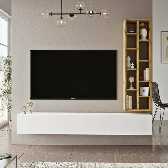 Mobile porta TV Giusi, Credenza da soggiorno, Armadio basso per TV, Base parete attrezzata, 175x27h25 cm, Quercia e Bianco