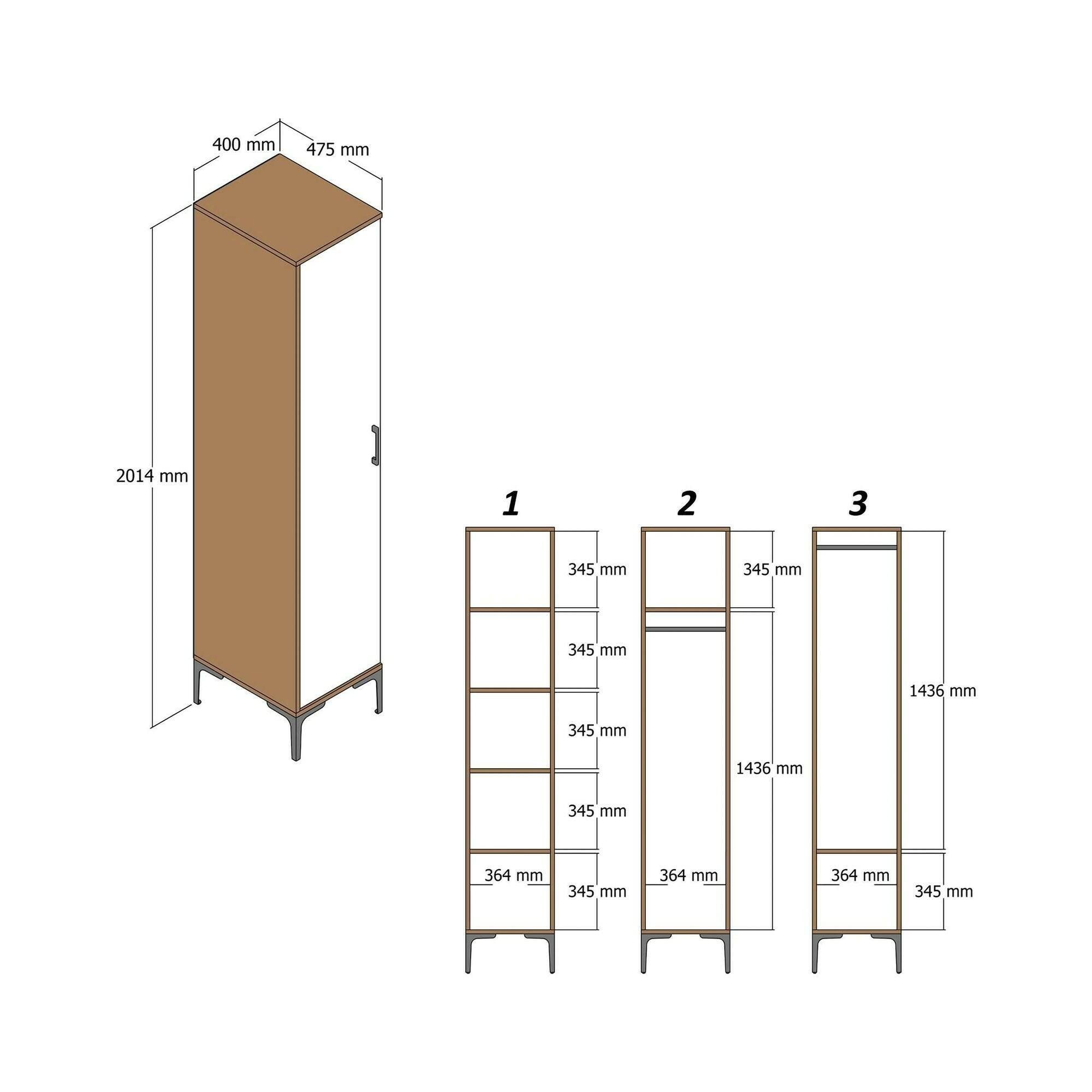 Armadio multiuso 1 anta Asfodelo, Pensile bagno o cucina, Armadio alto multifunzione, Mobiletto multiuso, 40x48h201 cm, Noce e Bianco