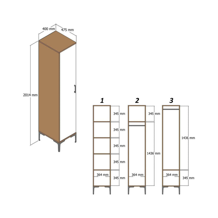 Armadio multiuso 1 anta Asfodelo, Pensile bagno o cucina, Armadio alto multifunzione, Mobiletto multiuso, 40x48h201 cm, Noce e Bianco