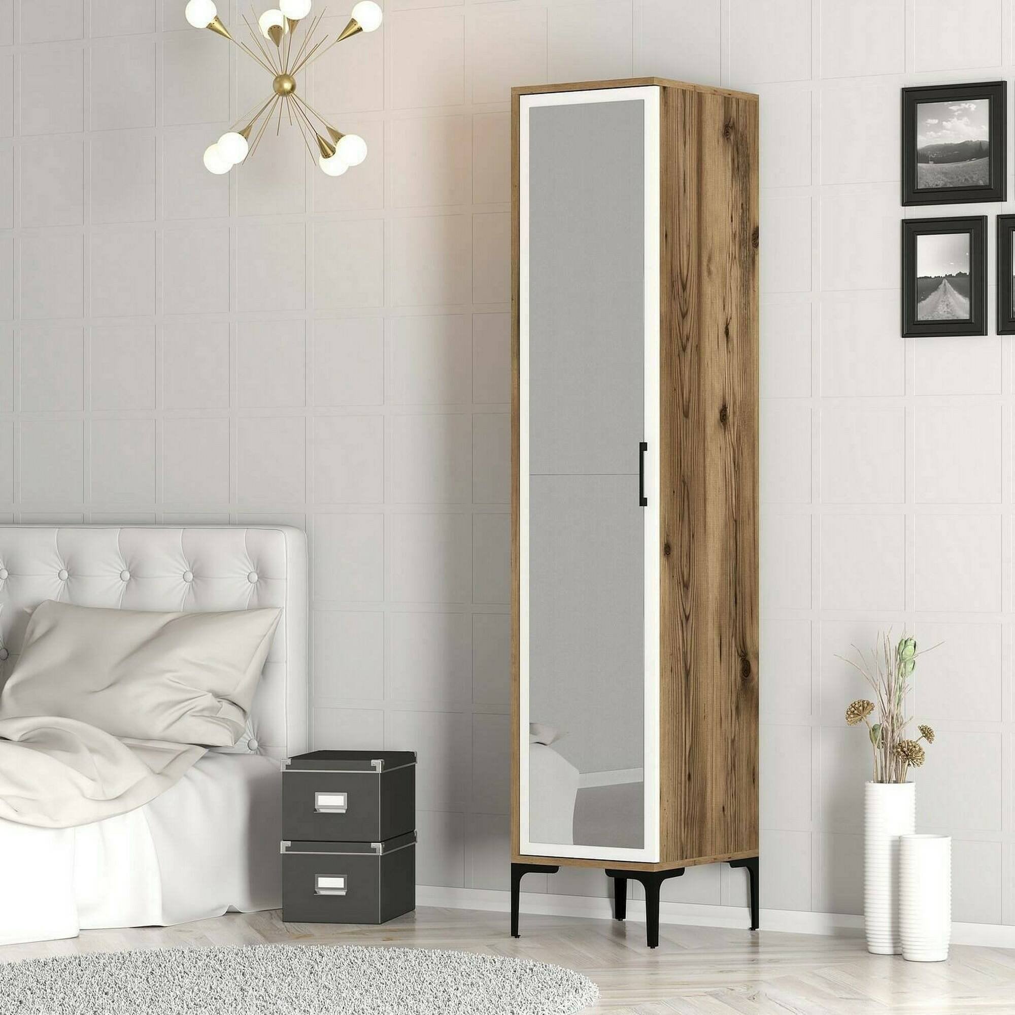 Armadio multiuso 1 anta Asfodelo, Pensile bagno o cucina, Armadio alto multifunzione, Mobiletto multiuso, 40x48h201 cm, Noce e Bianco