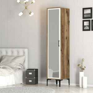 Armadio multiuso 1 anta Asfodelo, Pensile bagno o cucina, Armadio alto multifunzione, Mobiletto multiuso, 40x48h201 cm, Noce e Bianco