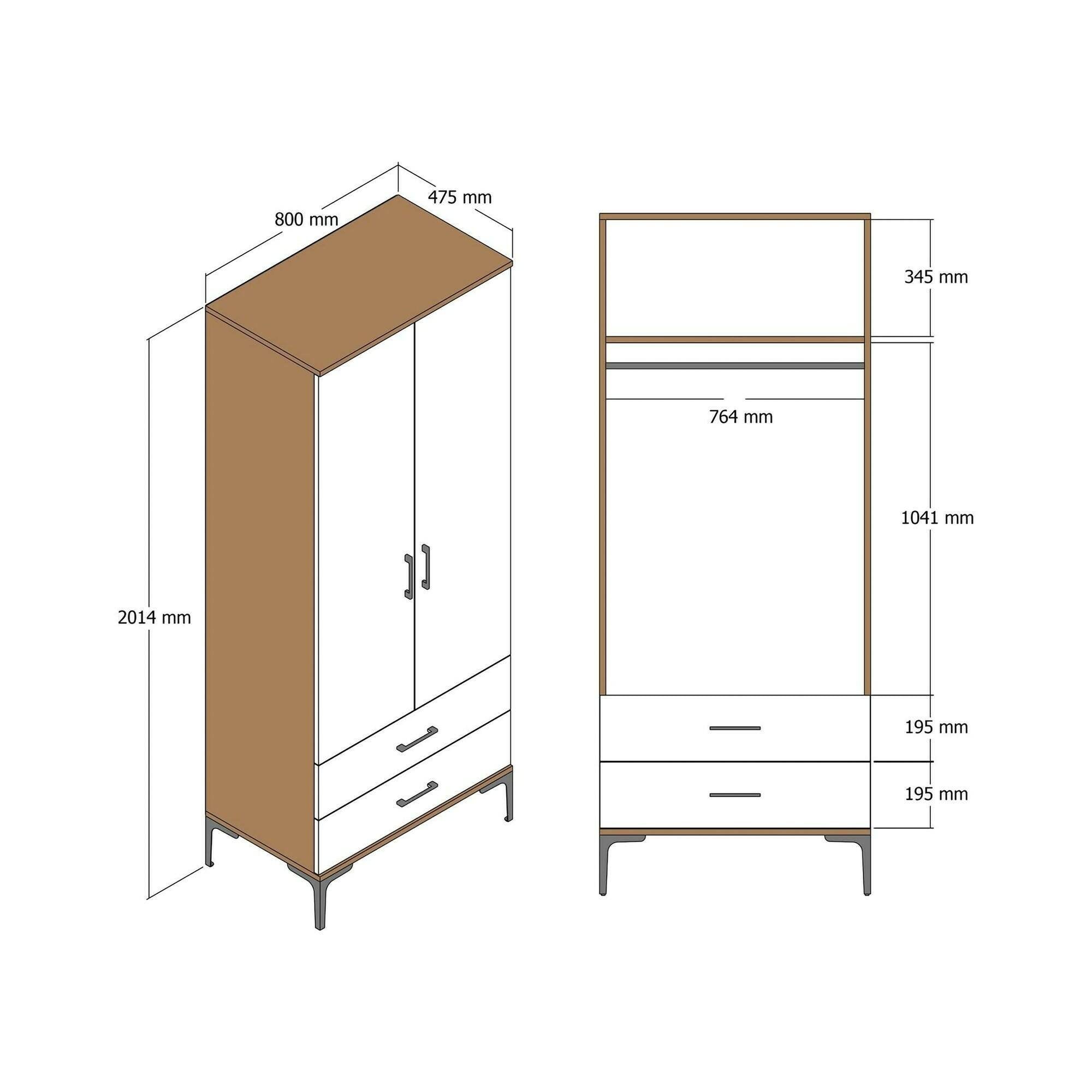 Guardaroba 2 ante Doriana, Mobile camera da letto, Cabina armadio portabiti, Armadio appendiabiti, 80x201h48 cm, Noce e Antracite