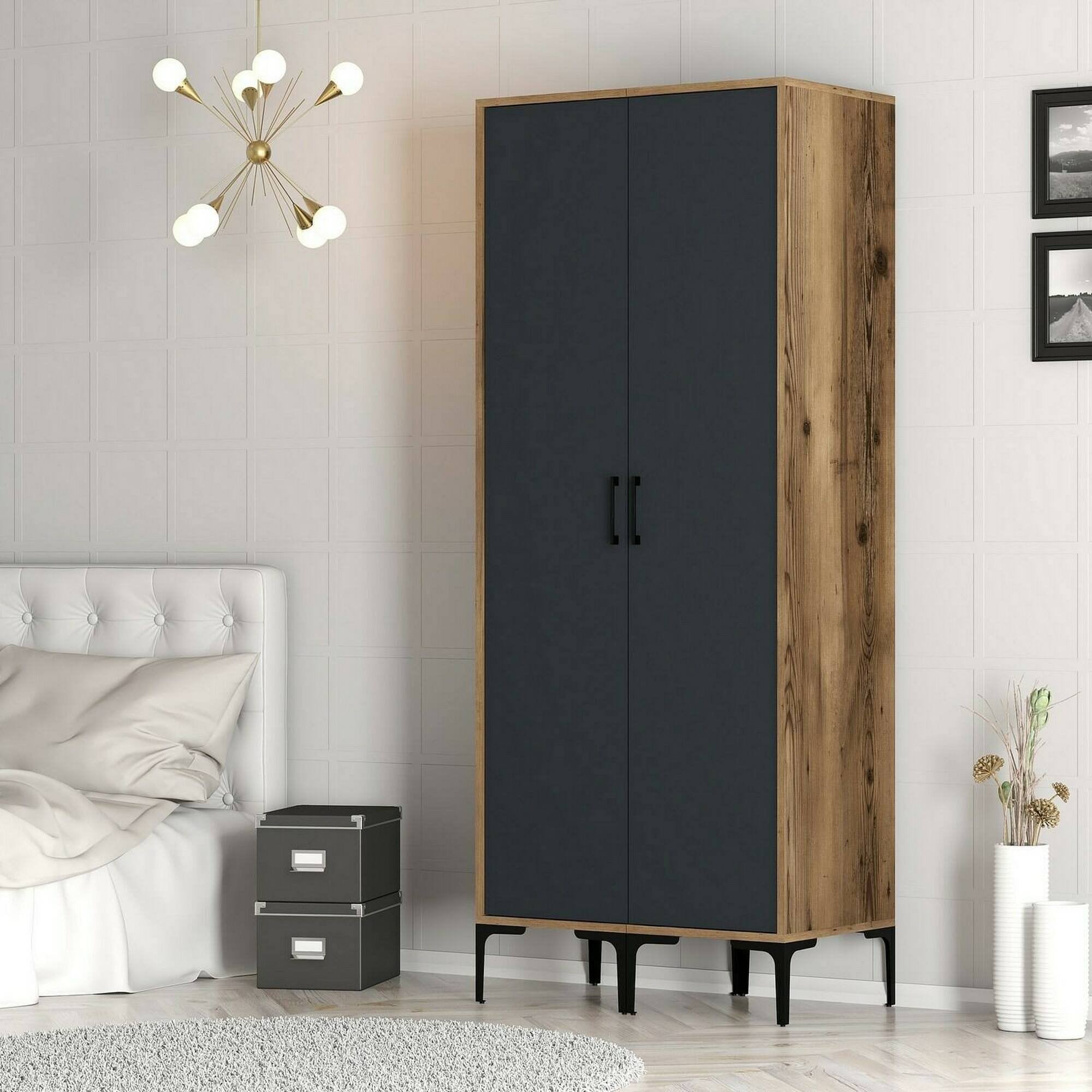 Guardaroba 2 ante Acate, Mobile camera da letto, Cabina armadio portabiti, Armadio appendiabiti, 80x201h48 cm, Noce e Antracite