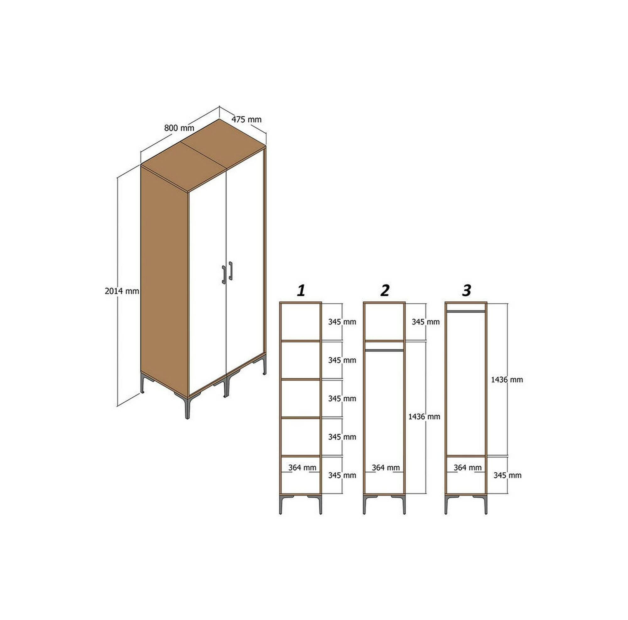 Guardaroba 2 ante Anfo, Mobile camera da letto, Cabina armadio portabiti, Armadio appendiabiti, 80x201h48 cm, Noce e Bianco