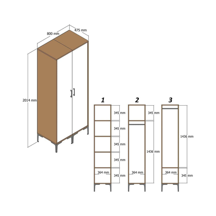 Guardaroba 2 ante Ramallah, Mobile camera da letto, Cabina armadio portabiti, Armadio appendiabiti, 80x201h48 cm, Noce e Bianco