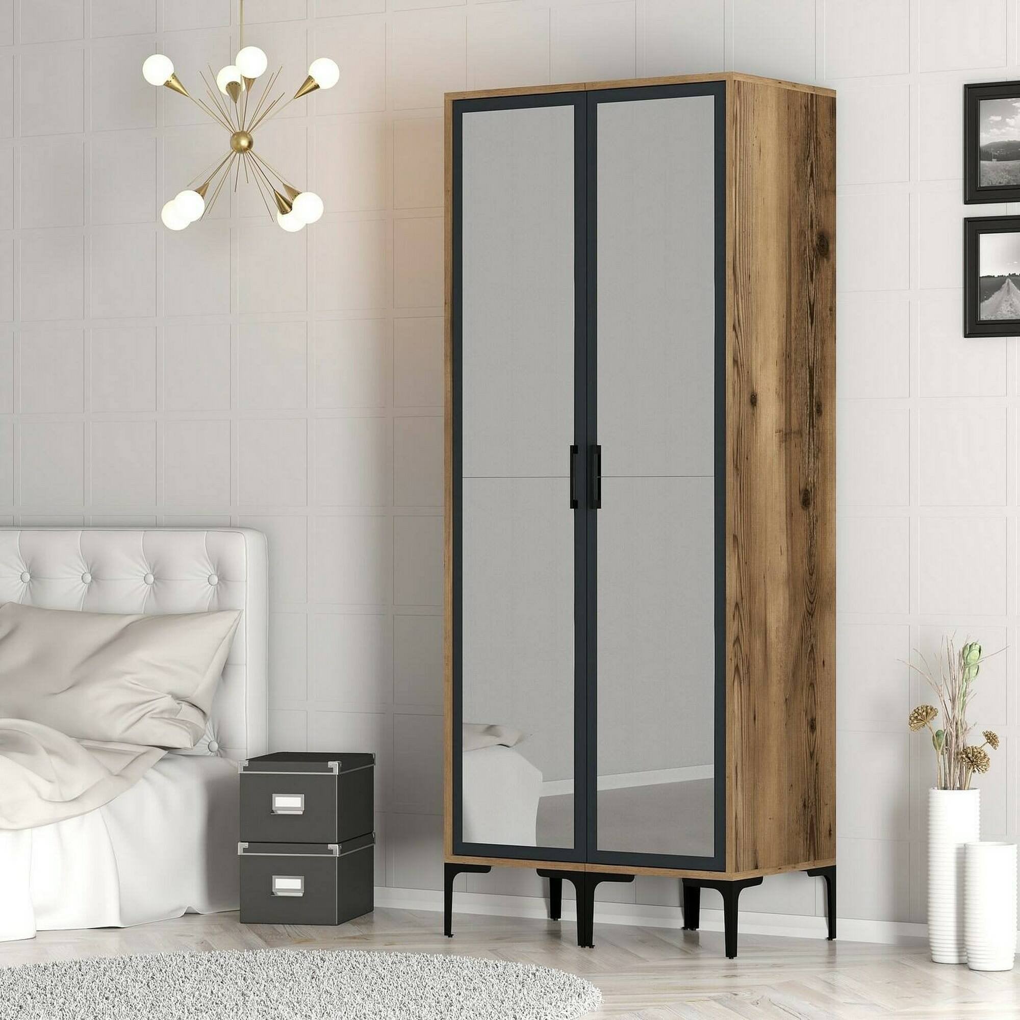 Guardaroba 2 ante Bagnone, Mobile camera da letto, Cabina armadio portabiti, Armadio appendiabiti, 80x201h48 cm, Noce e Antracite