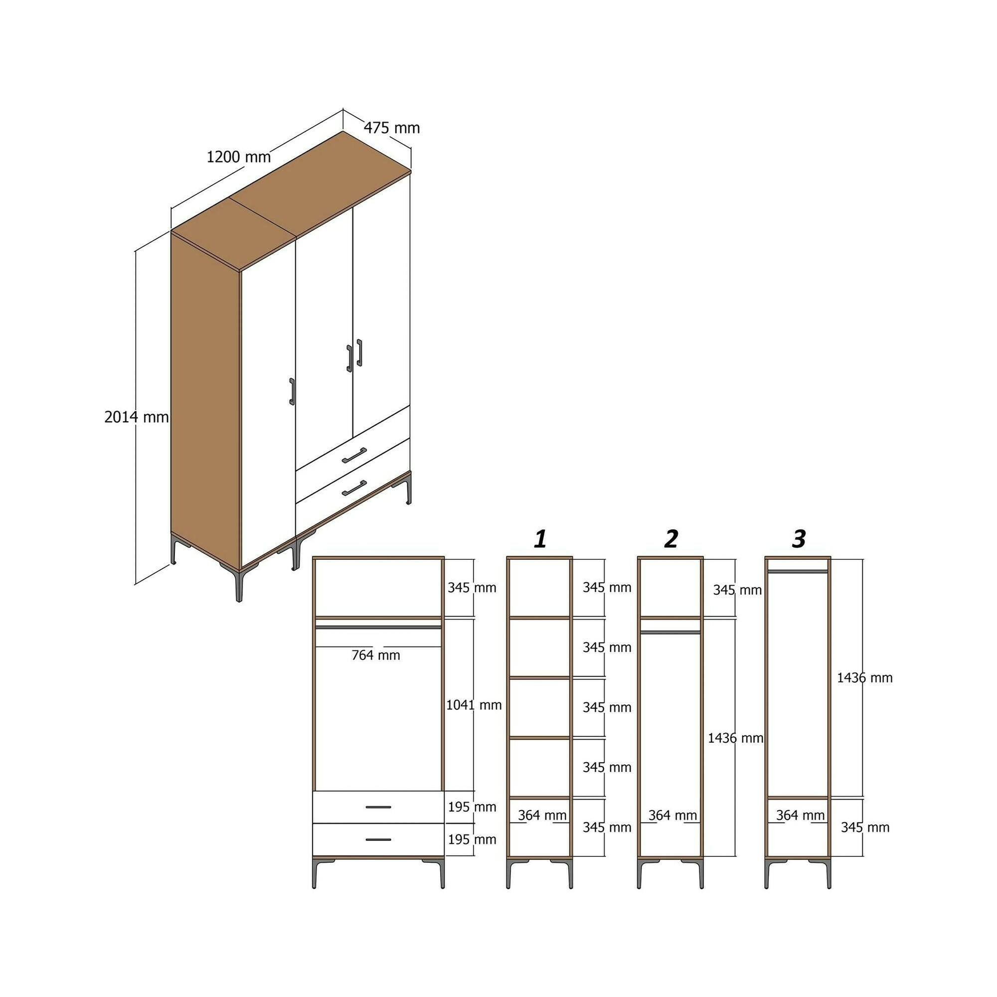Guardaroba 3 ante Phyan, Mobile camera da letto, Cabina armadio portabiti, Armadio appendiabiti, 120x201h48 cm, Noce e Antracite