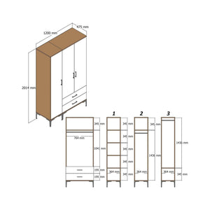 Guardaroba 3 ante Phyan, Mobile camera da letto, Cabina armadio portabiti, Armadio appendiabiti, 120x201h48 cm, Noce e Bianco