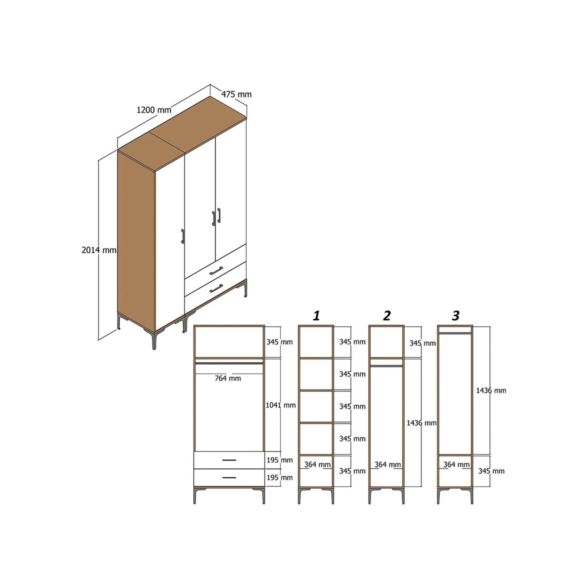 Guardaroba 3 ante Awty, Mobile camera da letto, Cabina armadio portabiti, Armadio appendiabiti, 120x48h201 cm, Noce e Antracite