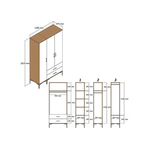 Guardaroba 3 ante Awty, Mobile camera da letto, Cabina armadio portabiti, Armadio appendiabiti, 120x48h201 cm, Noce e Antracite