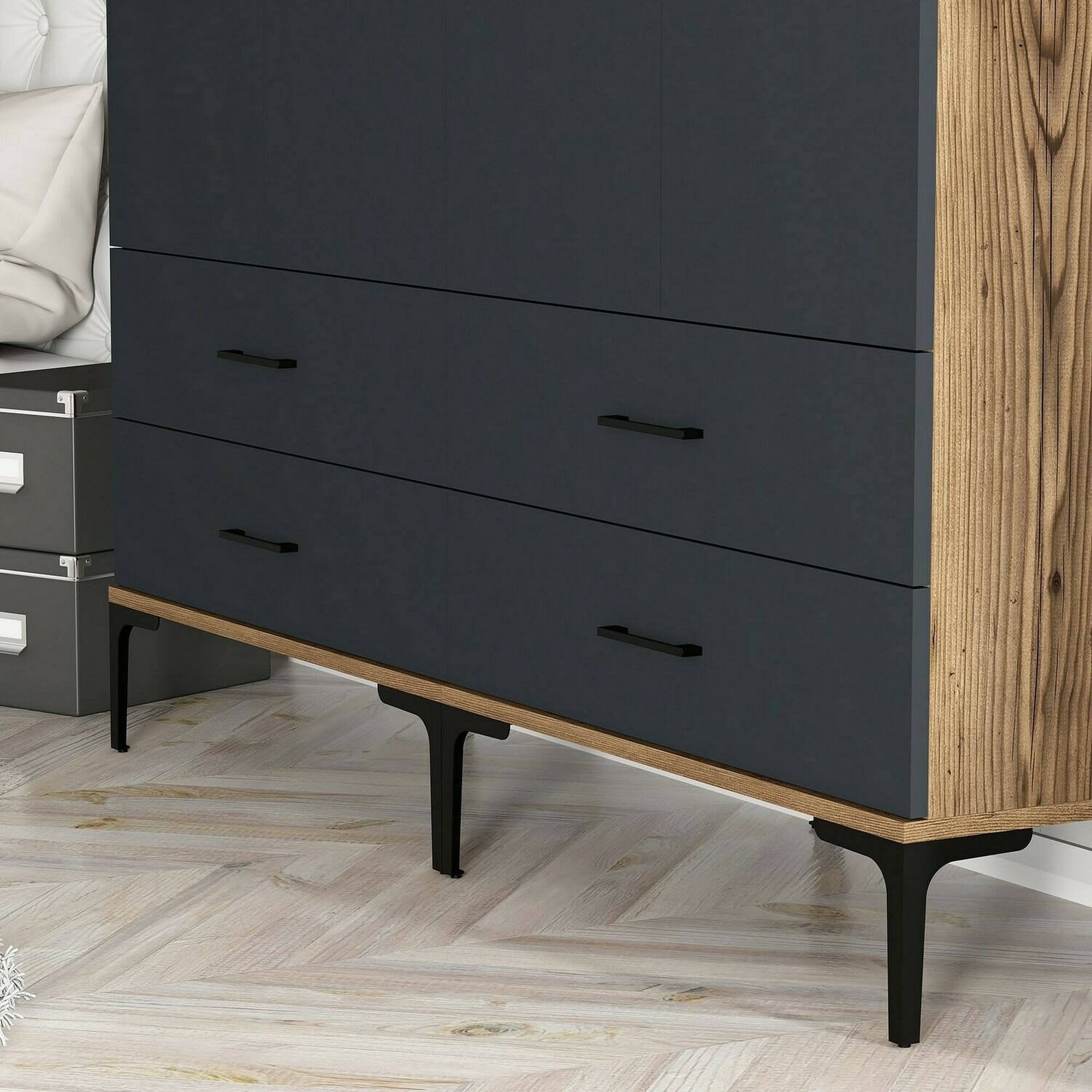 Guardaroba grande Katrin, Mobile camera da letto, Cabina armadio portabiti, Armadio appendiabiti, 160x201h48 cm, Noce e Antracite