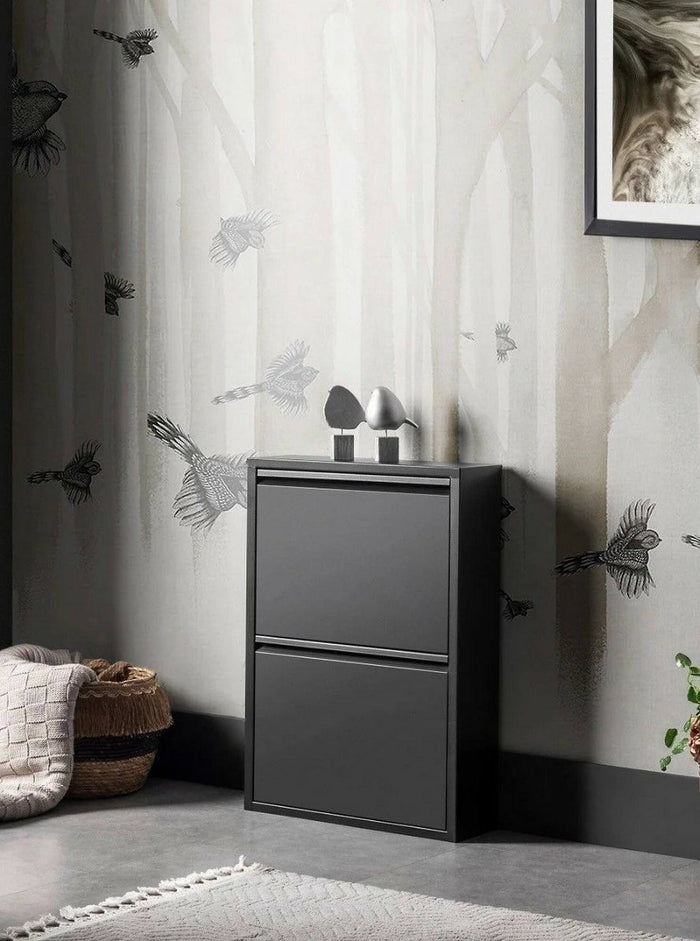 Scarpiera Igina, Mobile portascarpe in metallo, Armadio da ingresso multiuso, Mobiletto per calzature, 50x15h71 cm, Nero