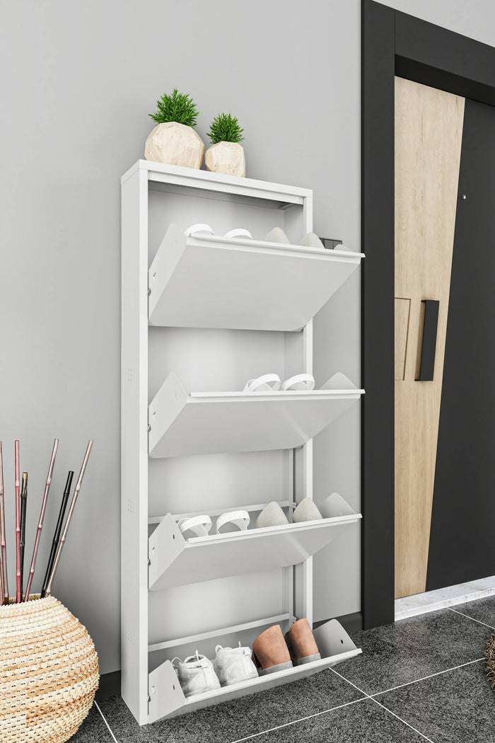 Scarpiera Axe, Mobile portascarpe in metallo, Armadio da ingresso multiuso, Mobiletto per calzature, 50x15h138 cm, Bianco