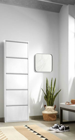 Scarpiera Aspro, Portascarpe con ante a ribalta da ingresso in metallo, Scarpiera moderna lineare di color bianco, Cm 50x15h169, a 5 Ante