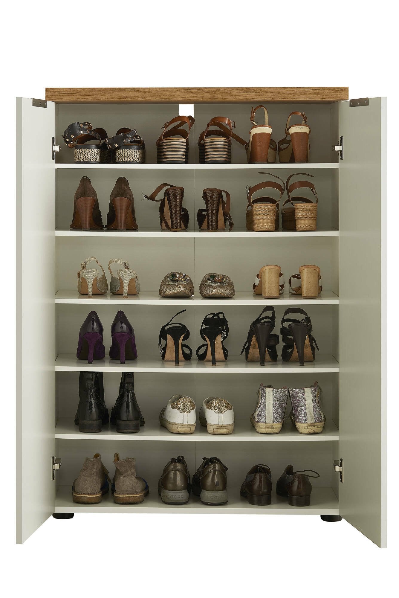 Scarpiera Dublino, Mobile portascarpe, Armadio da ingresso multiuso, Mobiletto per calzature, Made in Italy, 80x34h115 cm, Bianco lucido e Rovere