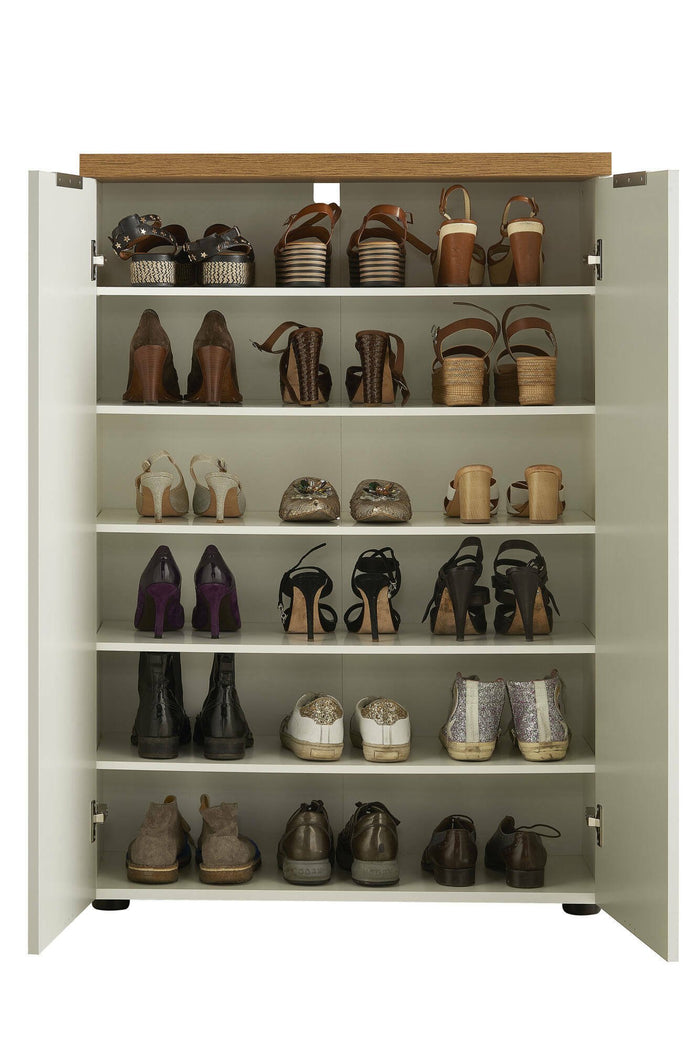 Scarpiera Dublino, Mobile portascarpe, Armadio da ingresso multiuso, Mobiletto per calzature, Made in Italy, 80x34h115 cm, Bianco lucido e Rovere