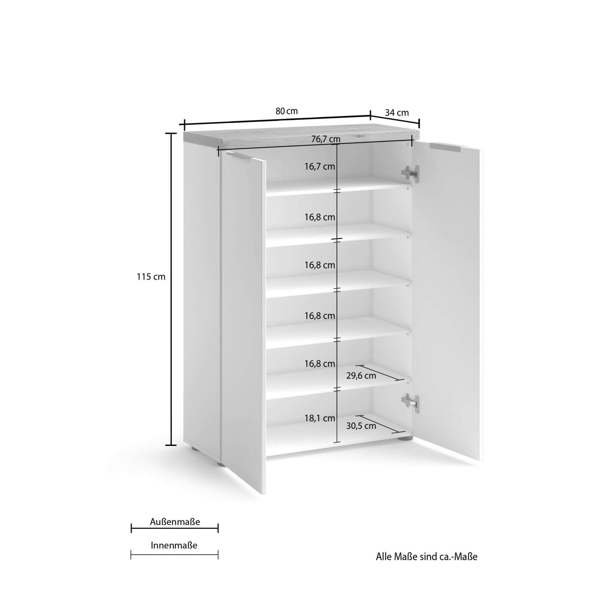 Scarpiera Dublino, Mobile portascarpe, Armadio da ingresso multiuso, Mobiletto per calzature, Made in Italy, 80x34h115 cm, Bianco lucido e Rovere