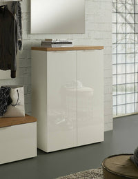 Scarpiera Dublino, Mobile portascarpe, Armadio da ingresso multiuso, Mobiletto per calzature, Made in Italy, 80x34h115 cm, Bianco lucido e Rovere