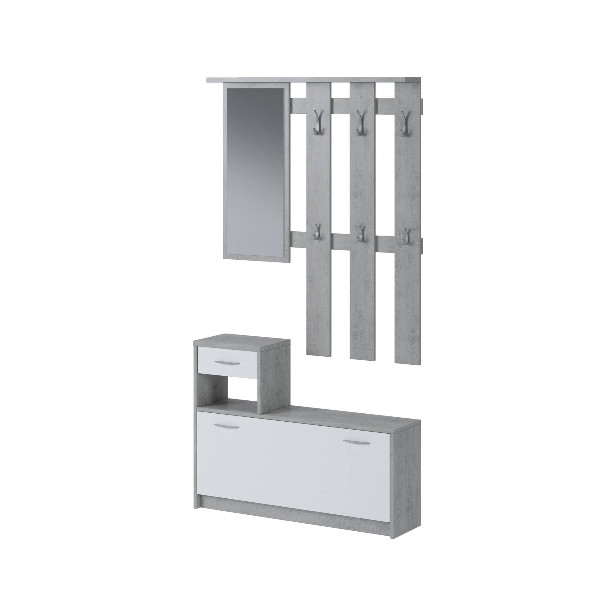 Mobile da ingresso Dazio, Entratina moderna con specchiera, Mobile con scarpiera, Mobile svuotatasche, Cm 100x25h180, Bianco e Cemento
