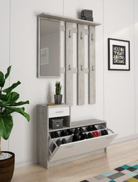 Mobile da ingresso Dazio, Entratina moderna con specchiera, Mobile con scarpiera, Mobile svuotatasche, Cm 100x25h180, Bianco e Cemento