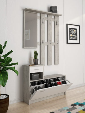 Mobile da ingresso Dazio, Entratina moderna con specchiera, Mobile con scarpiera, Mobile svuotatasche, Cm 100x25h180, Bianco e Cemento