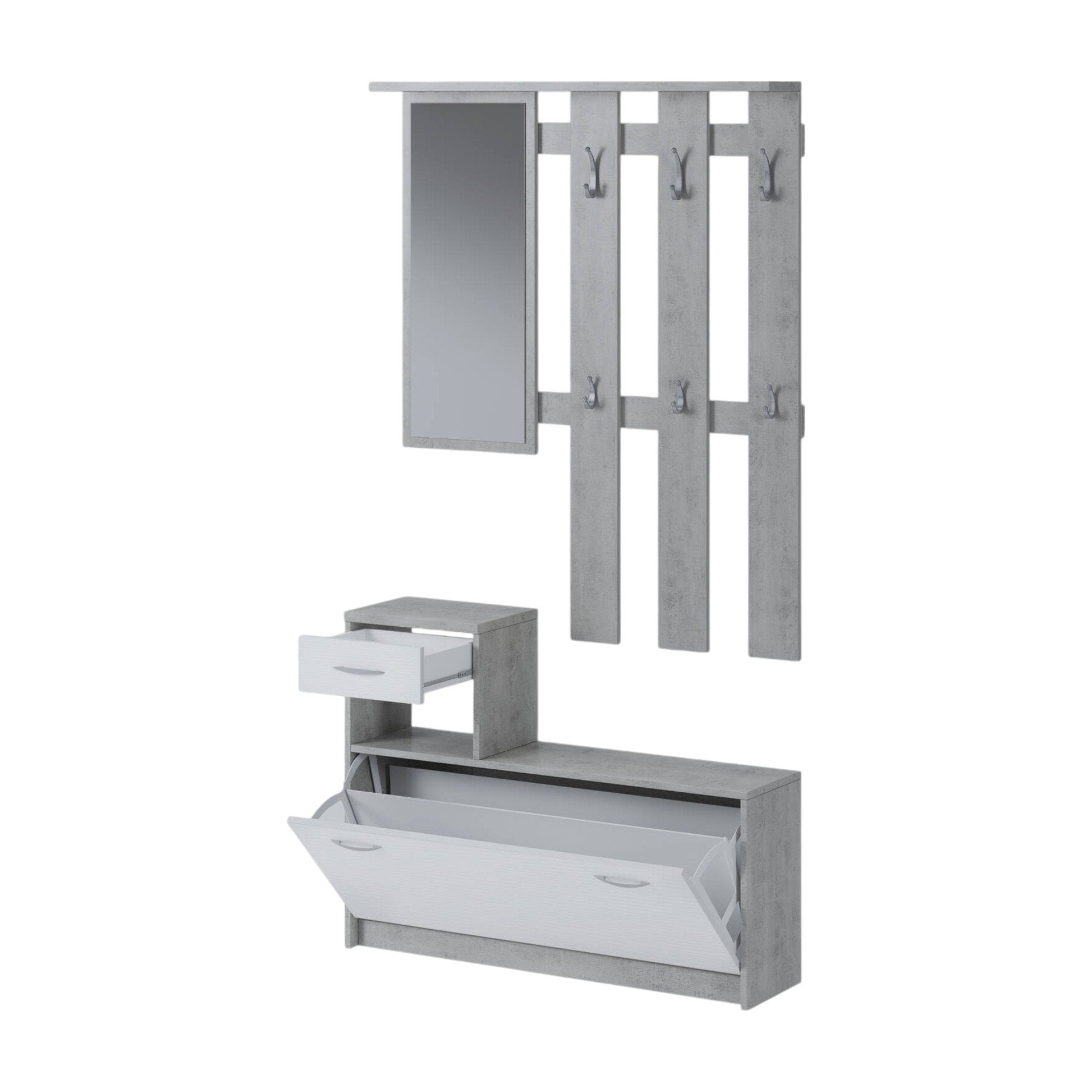 Mobile da ingresso Dazio, Entratina moderna con specchiera, Mobile con scarpiera, Mobile svuotatasche, Cm 100x25h180, Bianco e Cemento