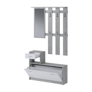 Mobile da ingresso Dazio, Entratina moderna con specchiera, Mobile con scarpiera, Mobile svuotatasche, Cm 100x25h180, Bianco e Cemento