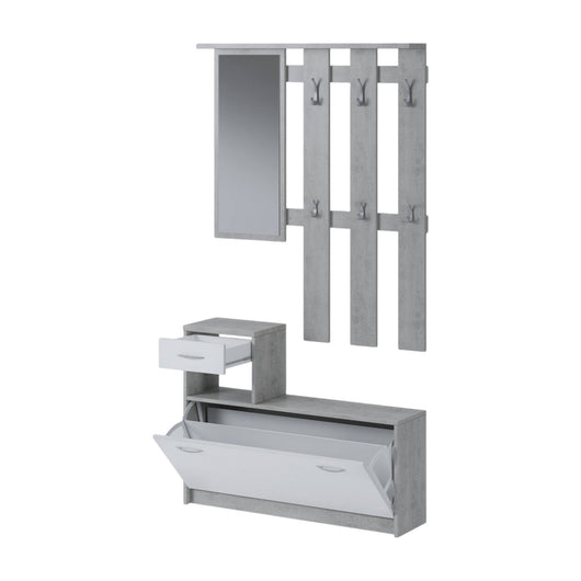 Mobile da ingresso Dazio, Entratina moderna con specchiera, Mobile con scarpiera, Mobile svuotatasche, Cm 100x25h180, Bianco e Cemento