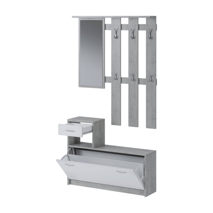 Mobile da ingresso Dazio, Entratina moderna con specchiera, Mobile con scarpiera, Mobile svuotatasche, Cm 100x25h180, Bianco e Cemento