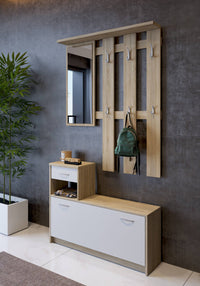 Mobile da ingresso Dazio, Entratina moderna con specchiera, Mobile con scarpiera, Mobile svuotatasche, Cm 100x25h181, Bianco e Rovere