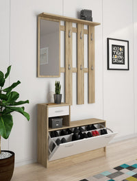 Mobile da ingresso Dazio, Entratina moderna con specchiera, Mobile con scarpiera, Mobile svuotatasche, Cm 100x25h181, Bianco e Rovere