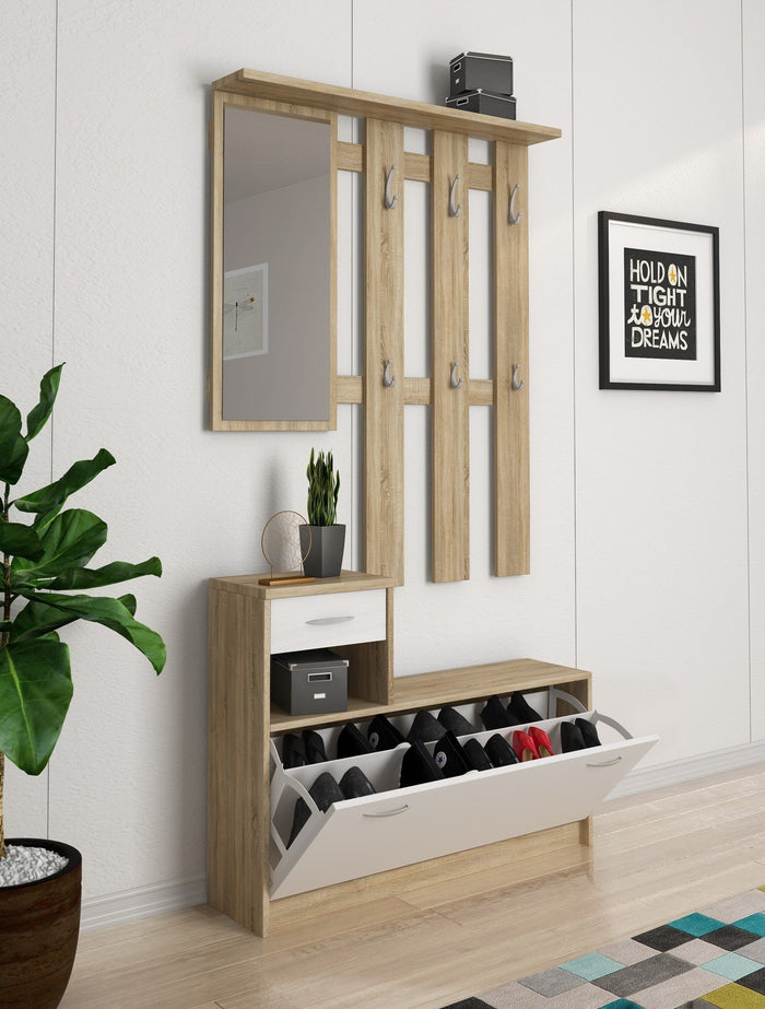 Mobile da ingresso Dazio, Entratina moderna con specchiera, Mobile con scarpiera, Mobile svuotatasche, Cm 100x25h181, Bianco e Rovere