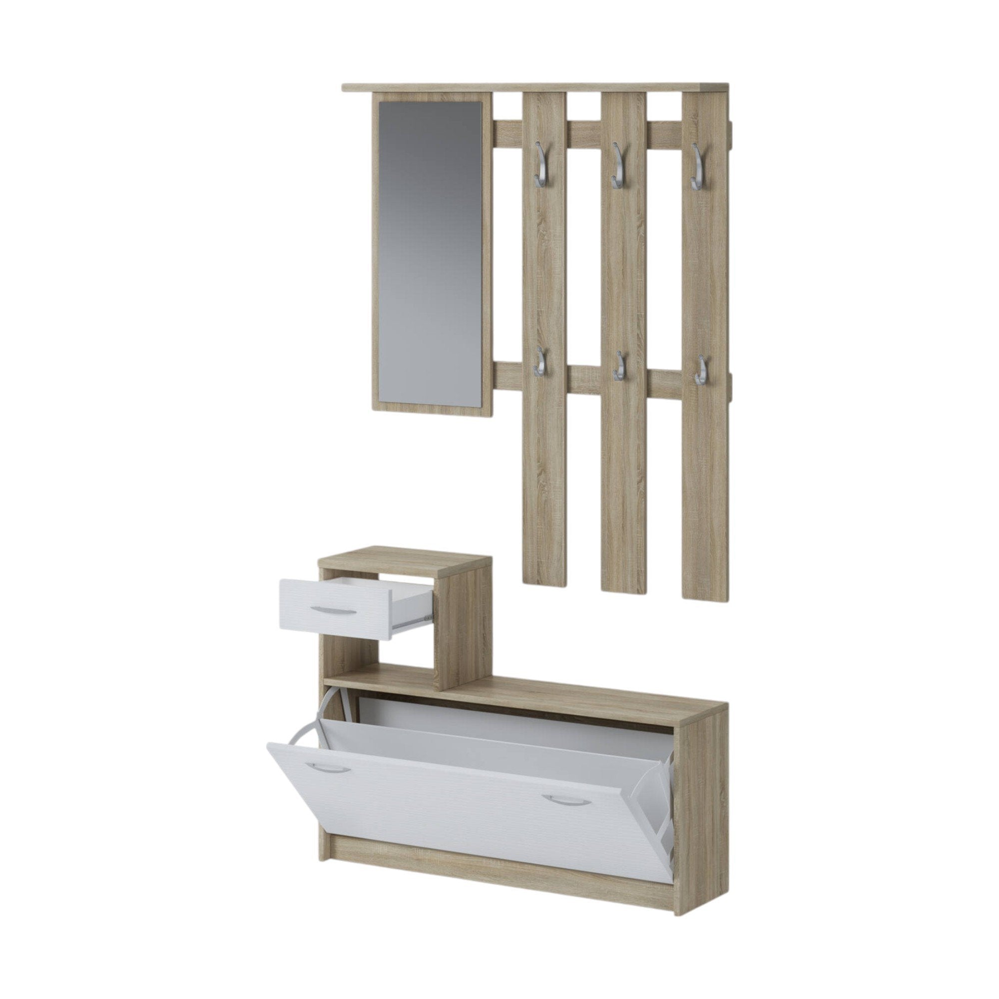 Mobile da ingresso Dazio, Entratina moderna con specchiera, Mobile con scarpiera, Mobile svuotatasche, Cm 100x25h181, Bianco e Rovere