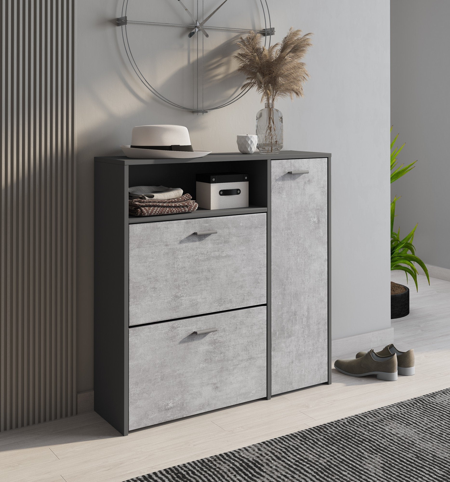 Scarpiera Dpinn, Portascarpe da ingresso con ripiani, Armadietto moderno multiuso a 3 ante, Made in Italy, Cm 91x27h94, Antracite e Cemento