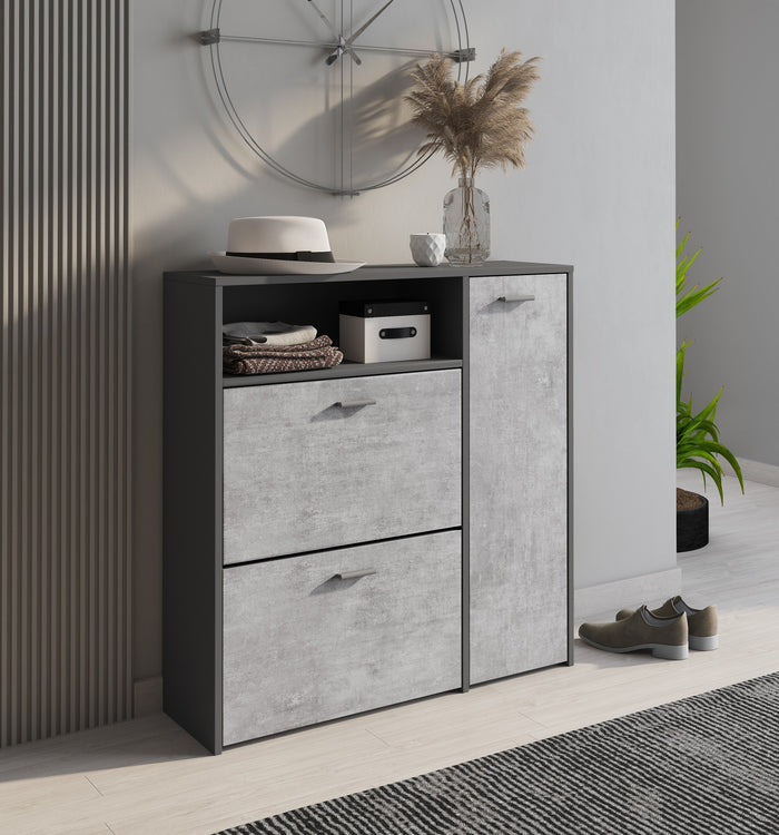 Scarpiera Dpinn, Portascarpe da ingresso con ripiani, Armadietto moderno multiuso a 3 ante, Made in Italy, Cm 91x27h94, Antracite e Cemento