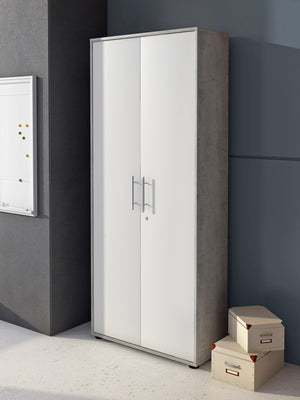 Armadio multiuso Dpazzin, Mobile ausiliario con ripiani, Armadio lineare, Guardaroba Portascarpe, portaoggetti, Bianco e Cemento, cm 79x34h188