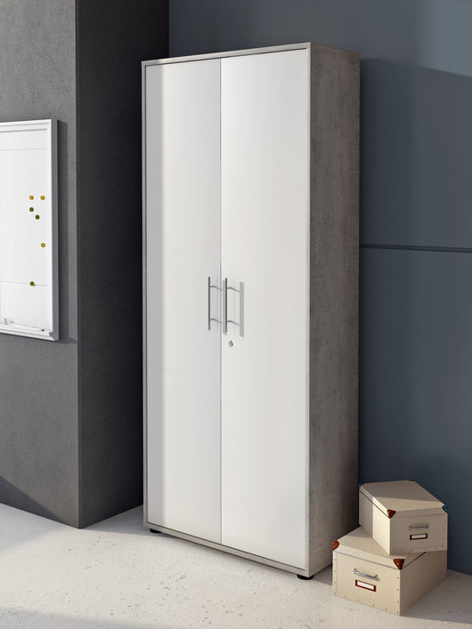 Armadio multiuso Dpazzin, Mobile ausiliario con ripiani, Armadio lineare, Guardaroba Portascarpe, portaoggetti, Bianco e Cemento, cm 79x34h188