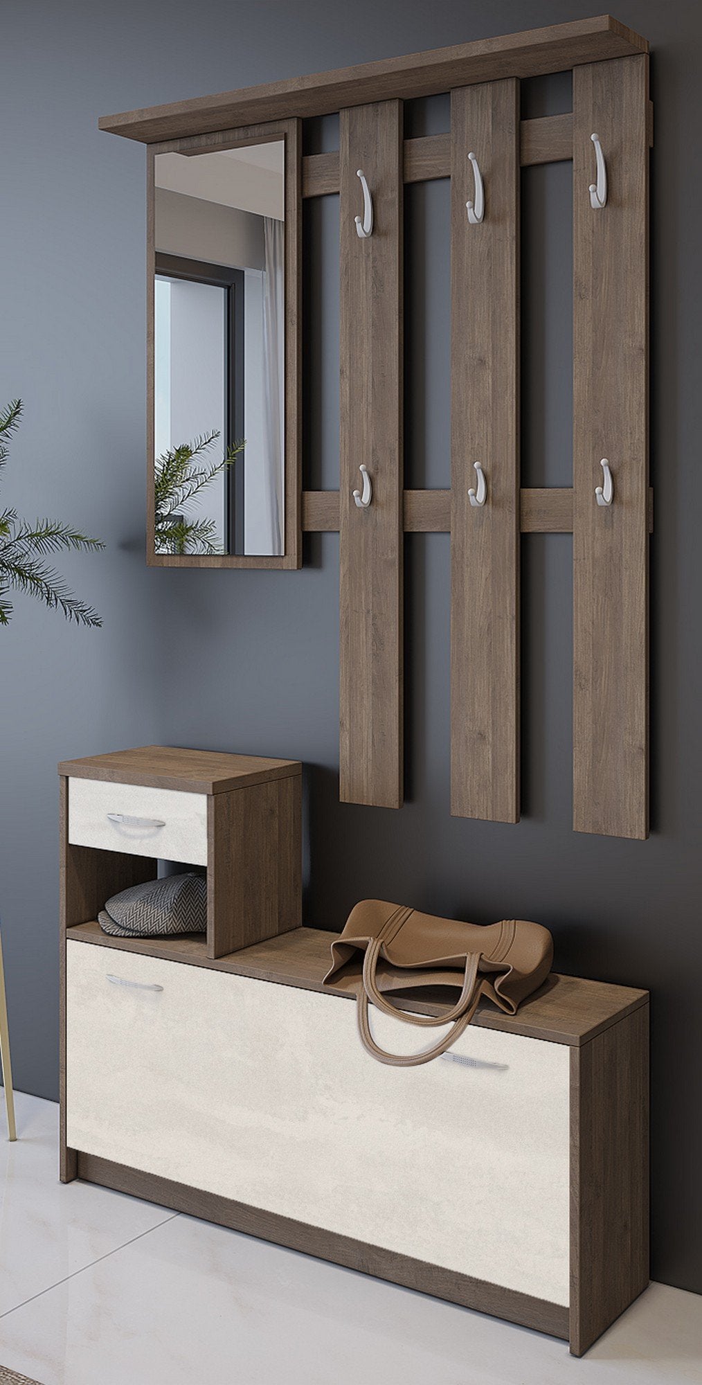 Mobile da ingresso Dazio, Entratina moderna con specchio, Mobile con scarpiera, Armadietto multifunzione, 100x25h180 cm, Bianco e Quercia