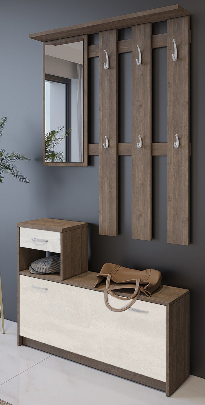 Mobile da ingresso Dazio, Entratina moderna con specchio, Mobile con scarpiera, Armadietto multifunzione, 100x25h180 cm, Bianco e Quercia