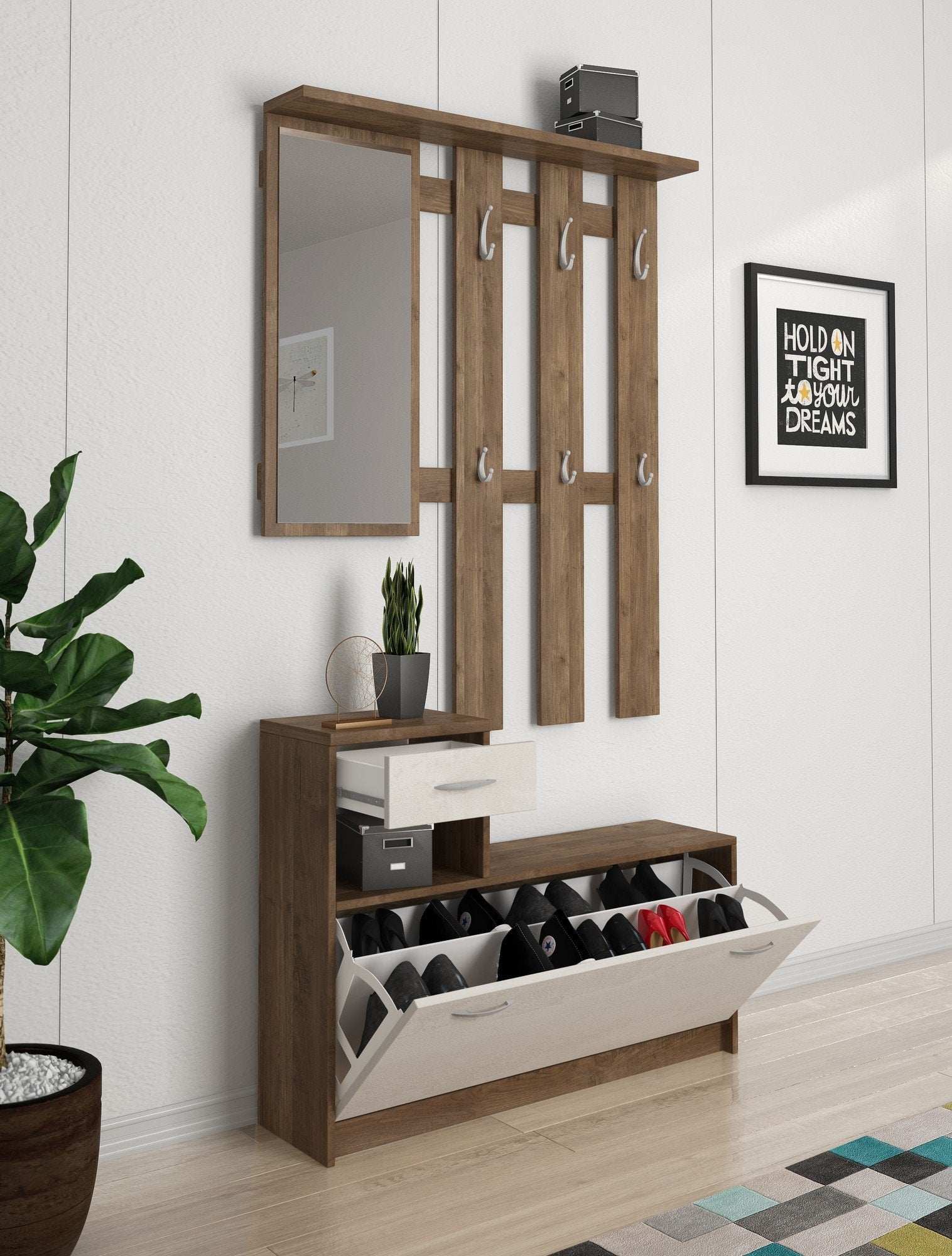 Mobile da ingresso Dazio, Entratina moderna con specchio, Mobile con scarpiera, Armadietto multifunzione, 100x25h180 cm, Bianco e Quercia